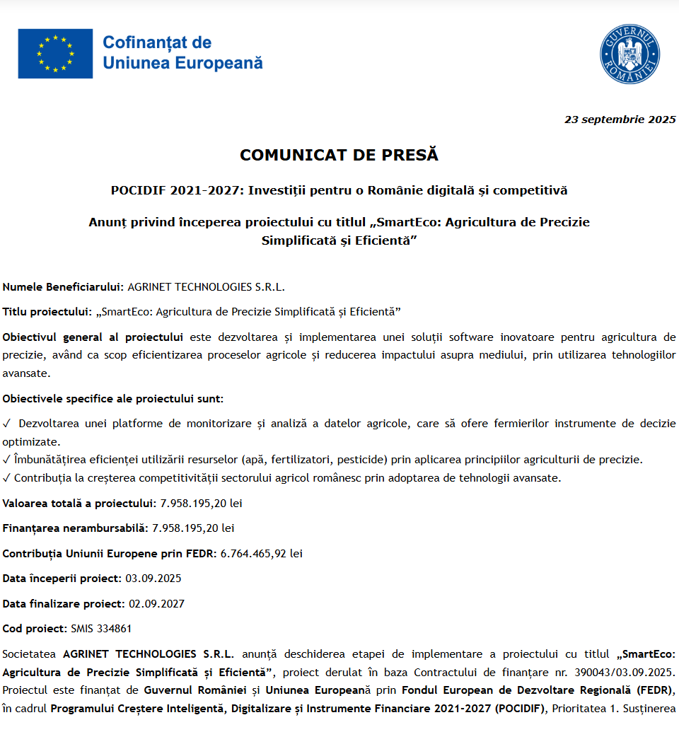 Comunicat de presă privind începerea derulării proiectului “SmartEco: Agricultura de Precizie Simplificată și Eficientă”