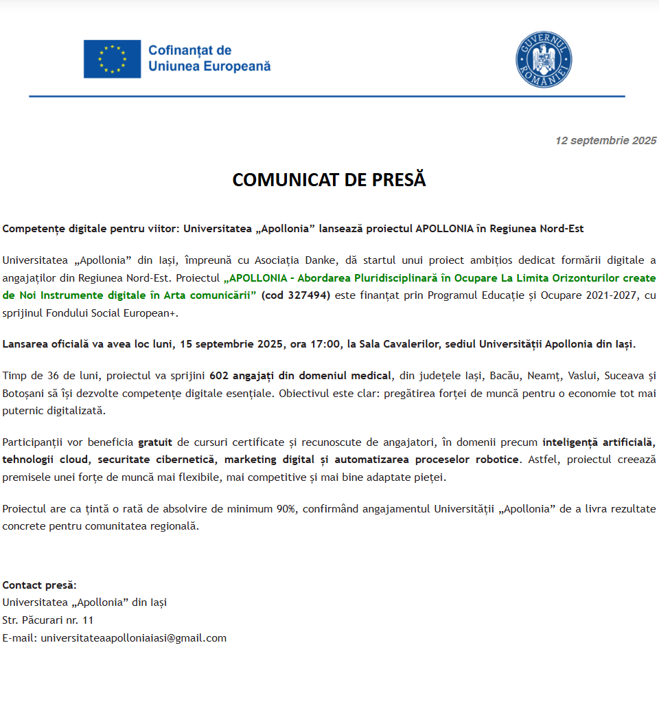Comunicat de presă privind lansarea proiectului „APOLLONIA în Regiunea Nord-Est”