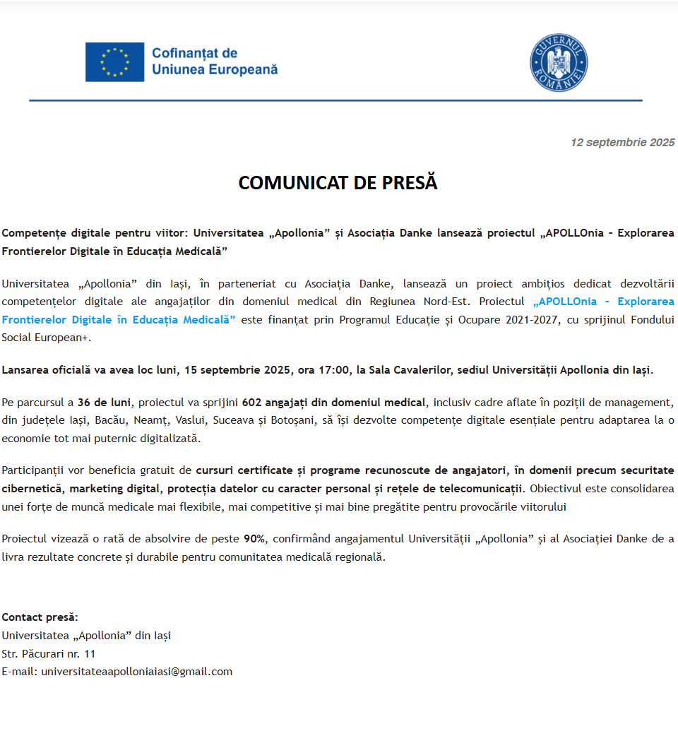 Comunicat de presă privind lansarea proiectului „APOLLOnia – Explorarea Frontierelor Digitale în Educația Medicală”