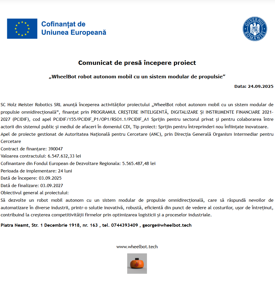 Comunicat de presă privind începerea derulării proiectului “WheelBot robot autonom mobil cu un sistem modular de propulsie omnidirecțională”