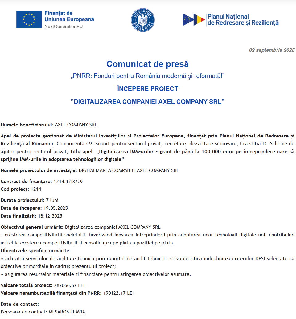 Comunicat de presă privind începerea derulării proiectului “DIGITALIZAREA COMPANIEI AXEL COMPANY SRL”