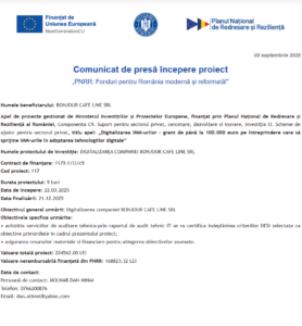 Comunicat de presa incepere proiect fonduri PNRR - BONJOUR CAFE LINE SRL