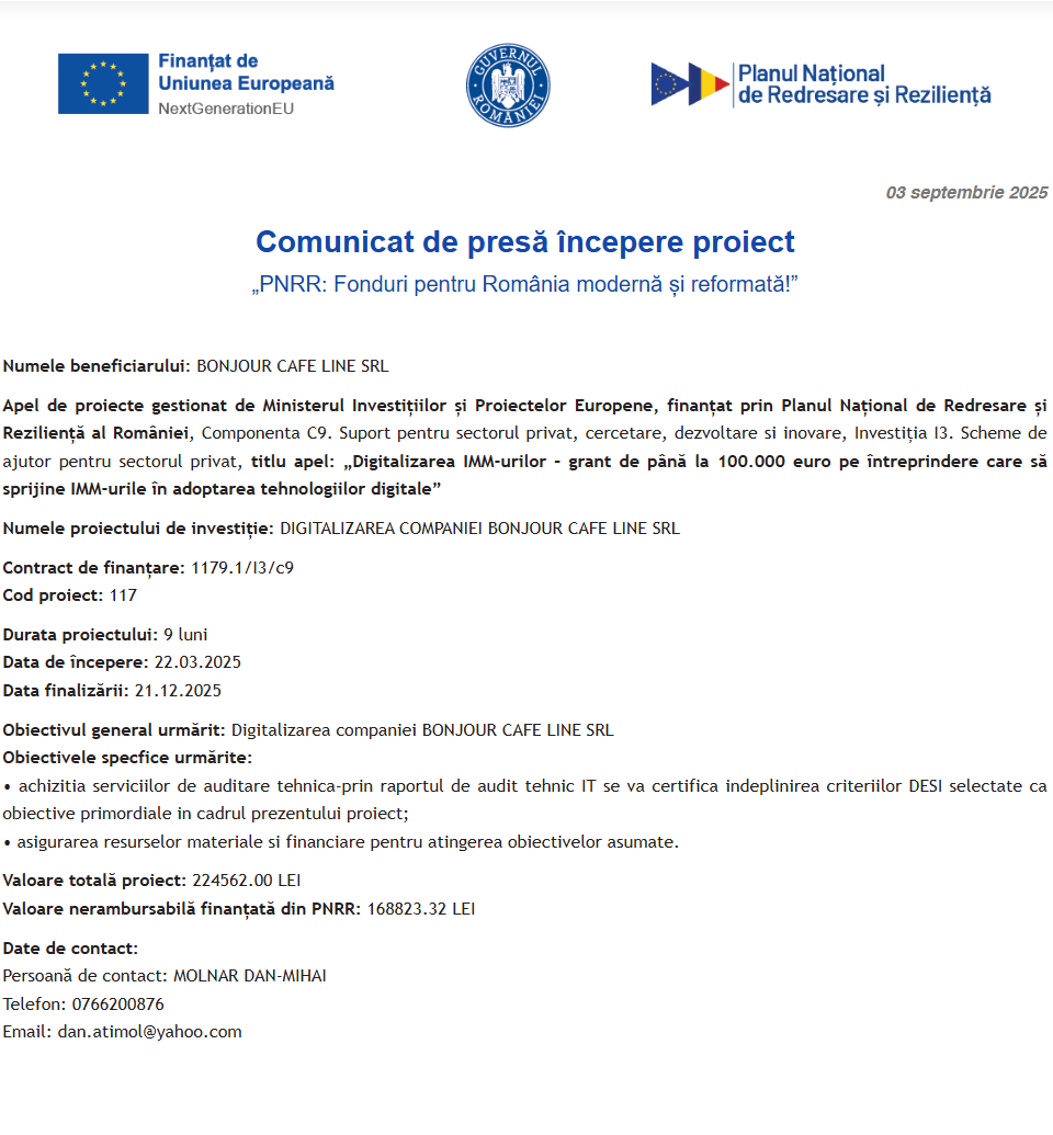 Comunicat de presă privind începerea derulării proiectului “DIGITALIZAREA COMPANIEI BONJOUR CAFE LINE SRL”
