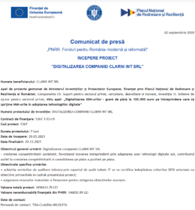 Comunicat de presa incepere proiect fonduri PNRR - CLARNI INT SRL