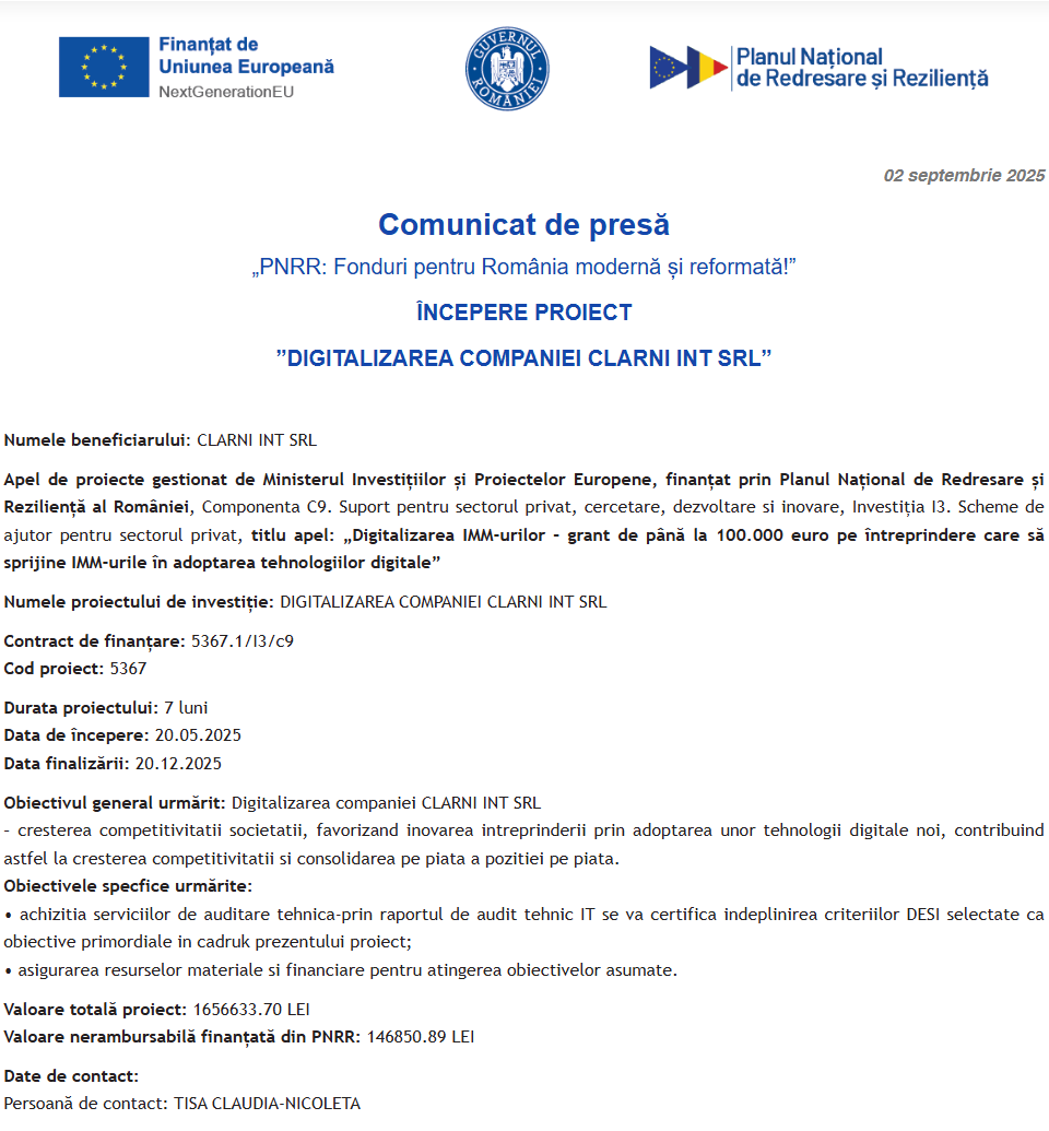Comunicat de presă privind începerea derulării proiectului “DIGITALIZAREA COMPANIEI CLARNI INT SRL”