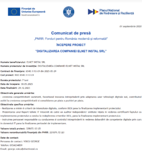 Comunicat de presa incepere proiect fonduri PNRR - ELNET INSTAL SRL