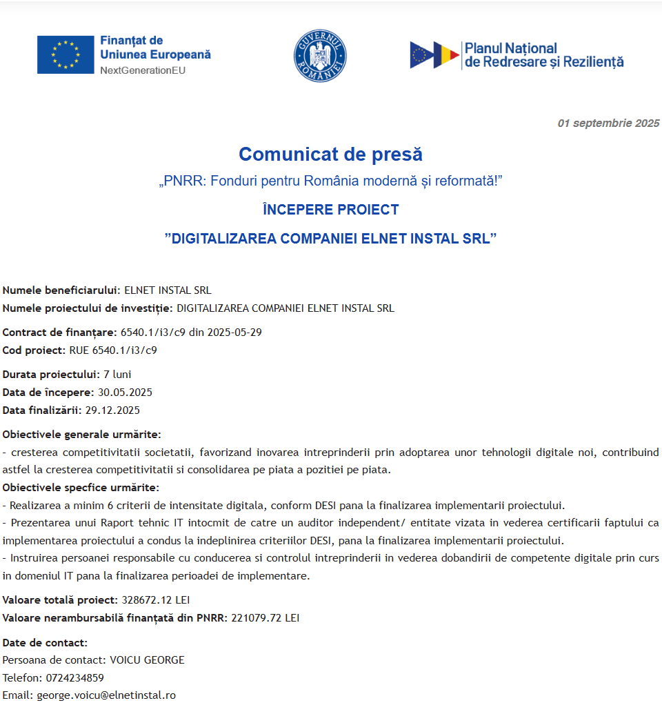 Comunicat de presă privind începerea derulării proiectului “DIGITALIZAREA COMPANIEI ELNET INSTAL SRL”