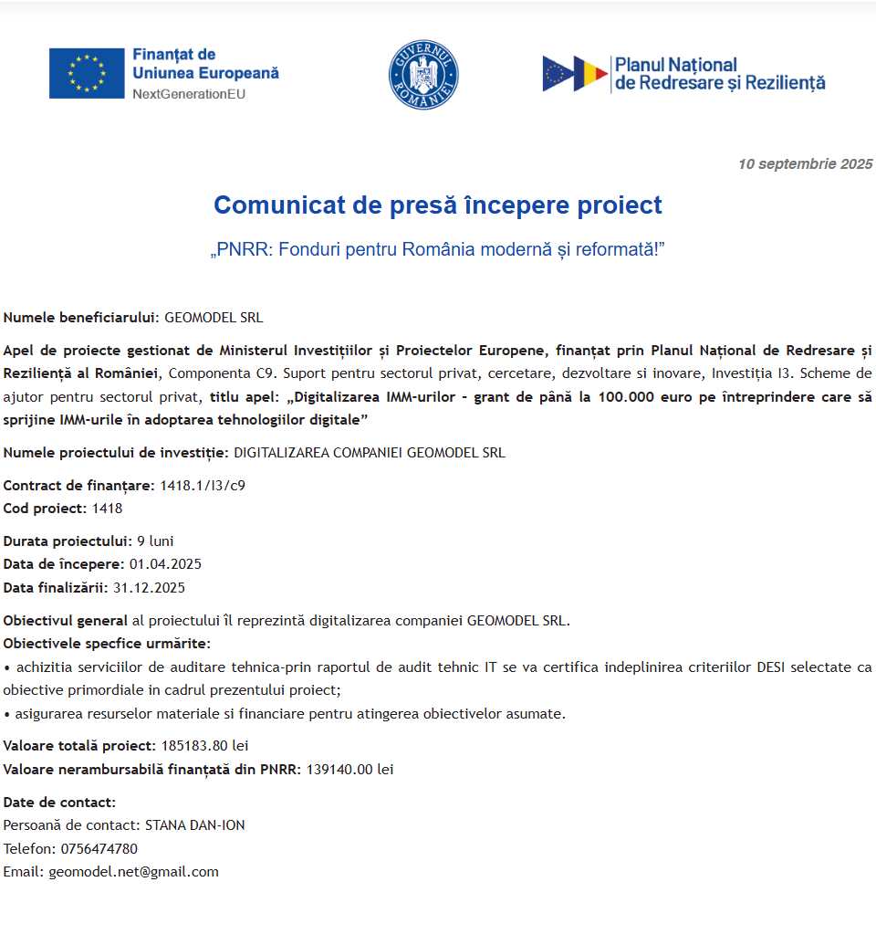 Comunicat de presă privind începerea derulării proiectului “DIGITALIZAREA COMPANIEI GEOMODEL SRL”