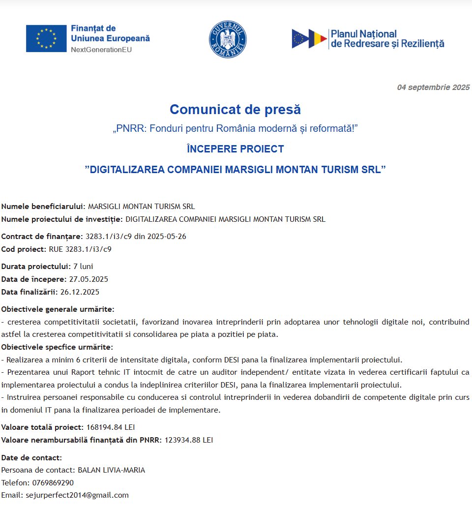 Comunicat de presă privind începerea derulării proiectului “DIGITALIZAREA COMPANIEI MARSIGLI MONTAN TURISM SRL”