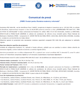 Comunicat de presa incepere proiect fonduri PNRR - PRO SANA SRL