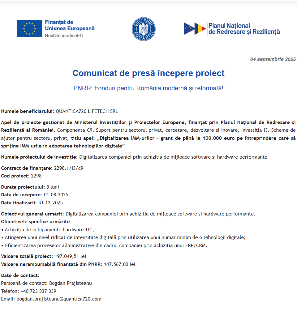 Comunicat de presă privind începerea derulării proiectului “Digitalizarea companiei prin achizitia de mijloace software si hardware performante”