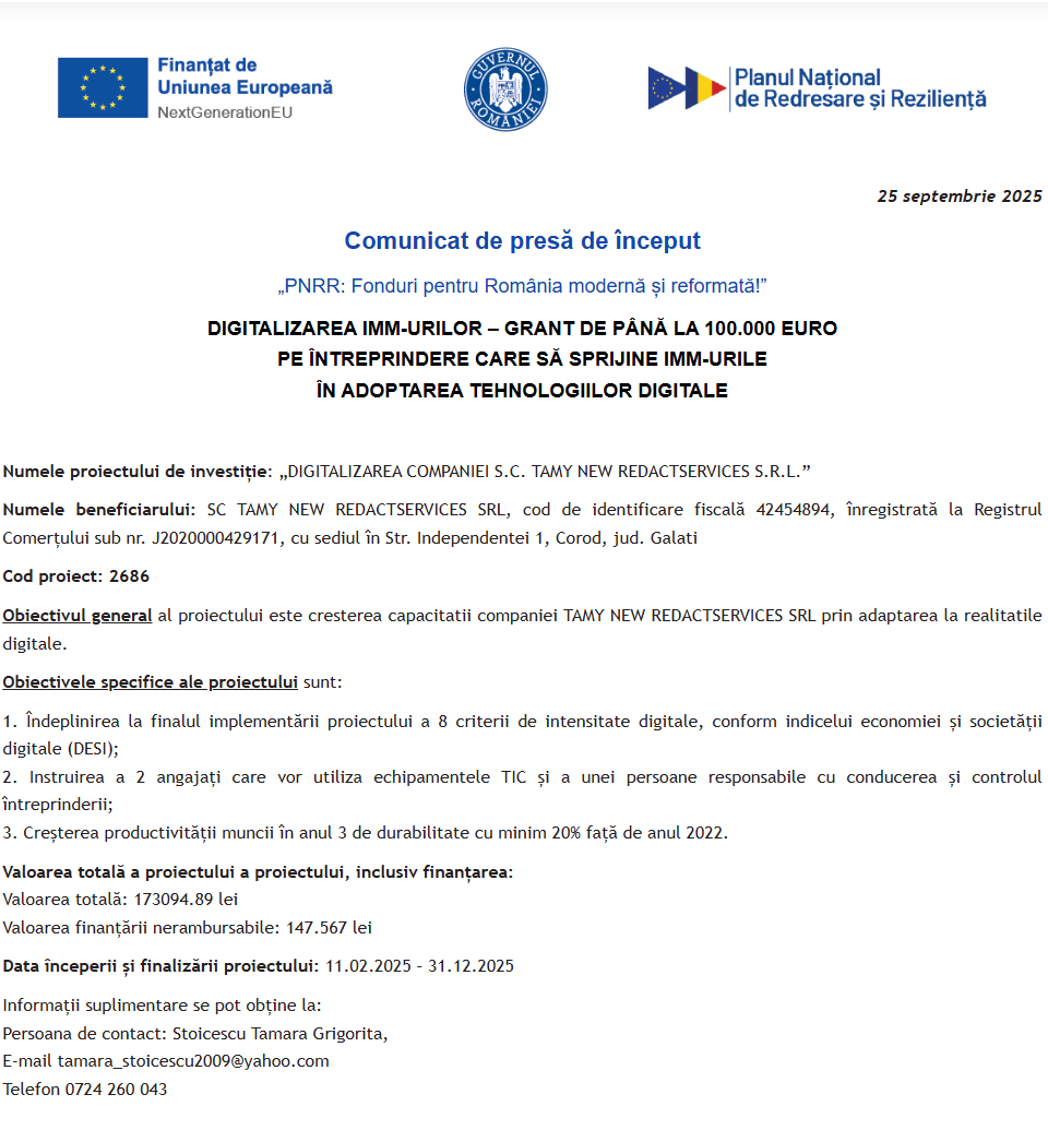 Comunicat de presă privind începerea derulării proiectului “DIGITALIZAREA COMPANIEI S.C. TAMY NEW REDACTSERVICES S.R.L.”