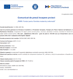 Comunicat de presa incepere proiect fonduri PNRR - UNIEL SERV SRL