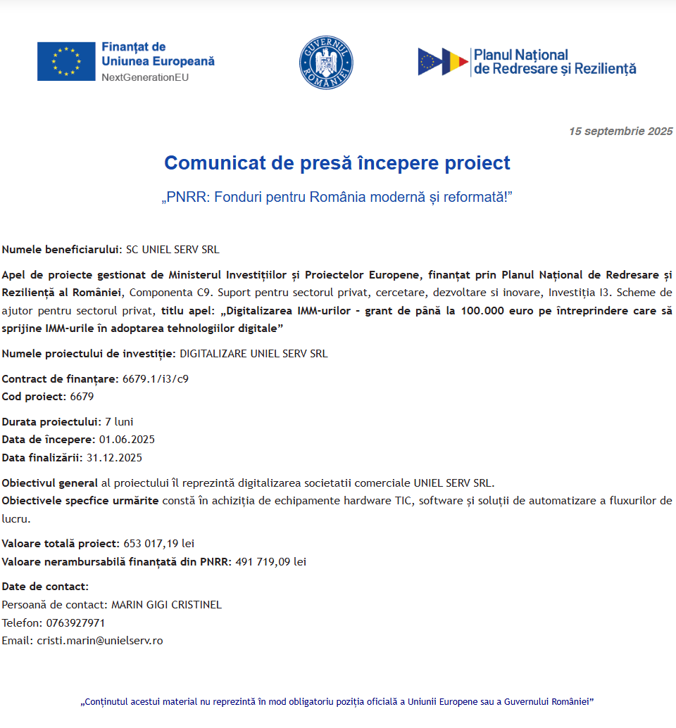 Comunicat de presă privind începerea derulării proiectului “DIGITALIZARE UNIEL SERV SRL”