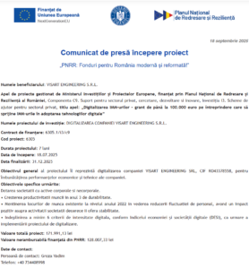 Comunicat de presa incepere proiect fonduri PNRR - VISART ENGINEERING SRL
