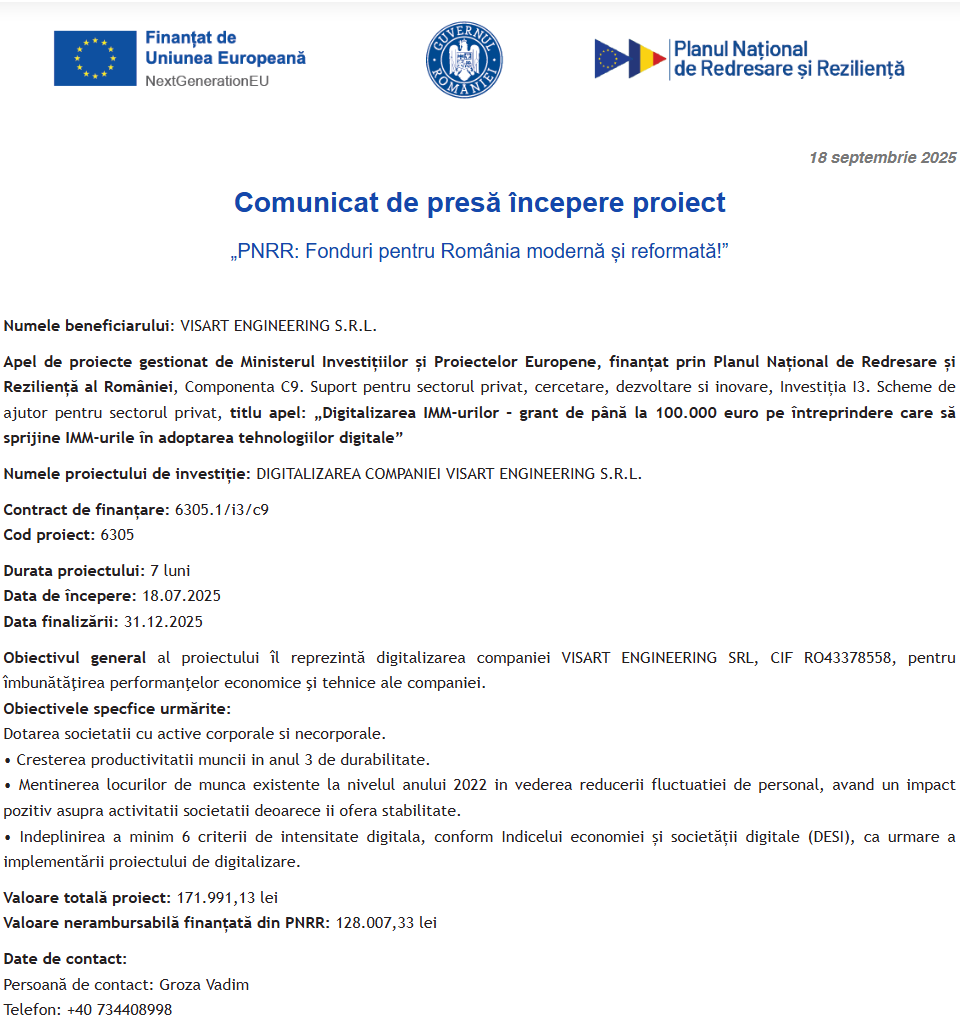 Comunicat de presă privind începerea derulării proiectului “DIGITALIZAREA COMPANIEI VISART ENGINEERING S.R.L.”