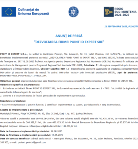 Comunicat de presa incepere proiect fonduri europene POINT ID EXPERT SRL