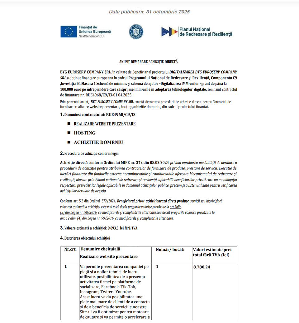 ANUNȚ DEMARARE ACHIZIȚIE DIRECTĂ – Realizare website prezentare BYG EUROSERV COMPANY SRL