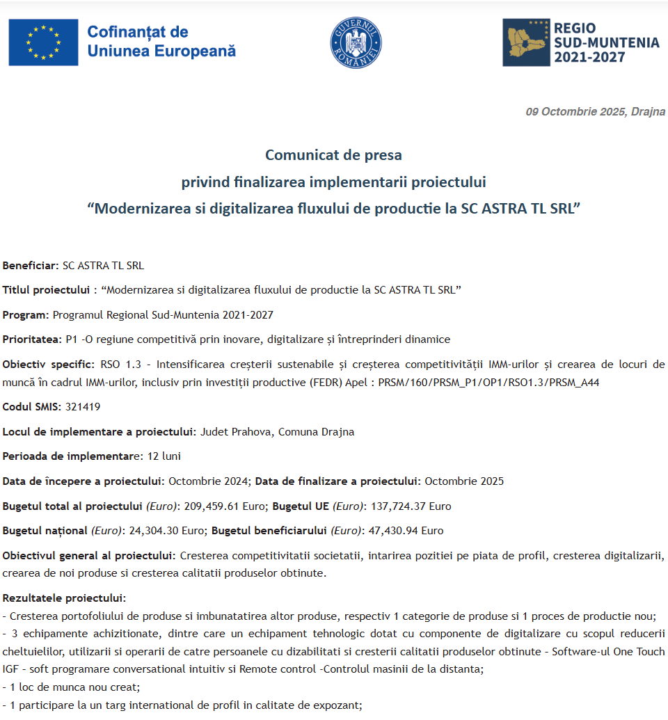 Comunicat de presă privind finalizarea derulării proiectului „Modernizarea si digitalizarea fluxului de productie la SC ASTRA TL SRL”