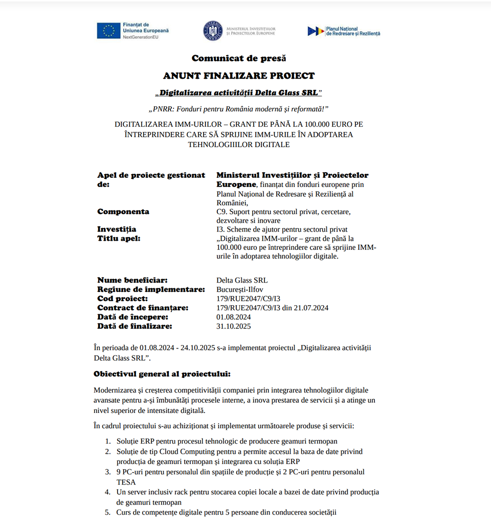 Comunicat de presă privind finalizarea derulării proiectului „Digitalizarea activității Delta Glass SRL”