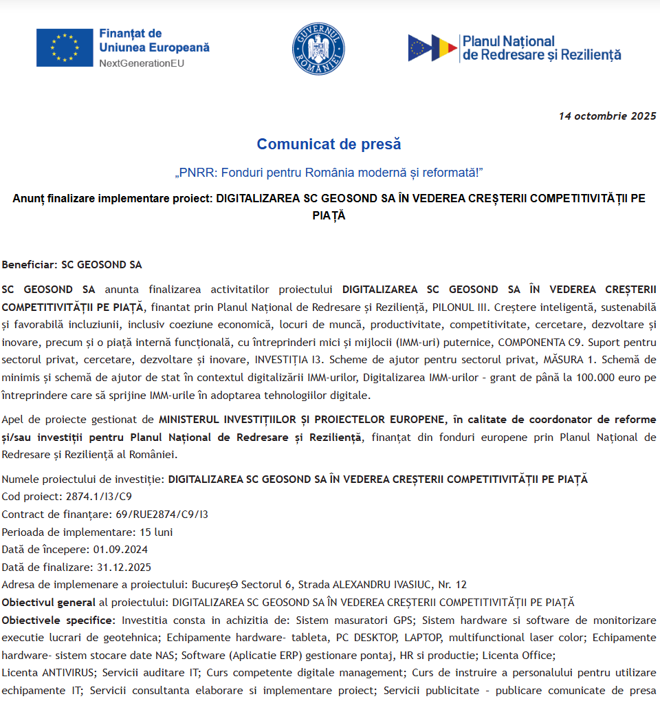 Comunicat de presă privind finalizarea derulării proiectului “DIGITALIZAREA SC GEOSOND SA ÎN VEDEREA CREȘTERII COMPETITIVITĂȚII PE PIAȚĂ”