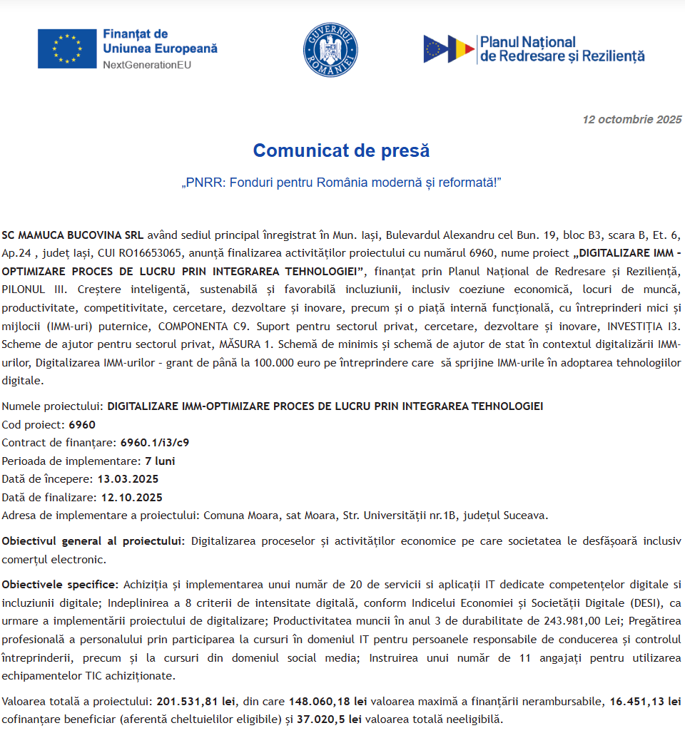 Comunicat de presă privind finalizarea derulării proiectului „DIGITALIZARE IMM – OPTIMIZARE PROCES DE LUCRU PRIN INTEGRAREA TEHNOLOGIEI”