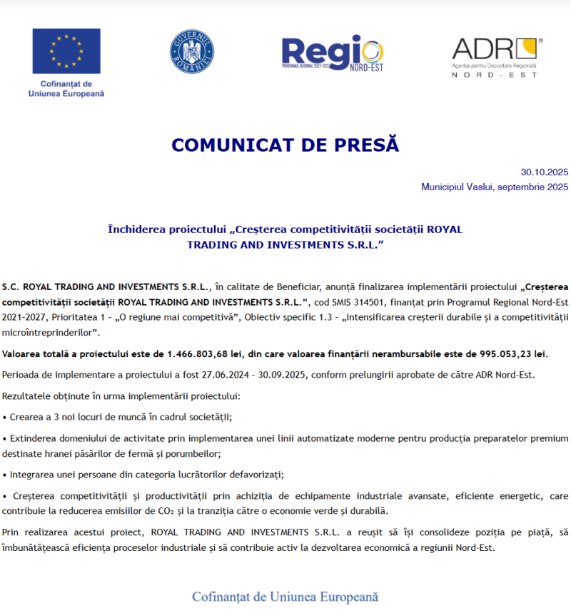Comunicat de presă privind începerea derulării proiectului „Dezvoltare durabilă prin investiții tehnologice în cadrul MAGHEBO SRL”