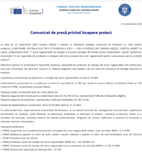 Comunicat de presa incepere proiect Fondul pentru Modernizare - UAT COMUNA GĂLEȘTI