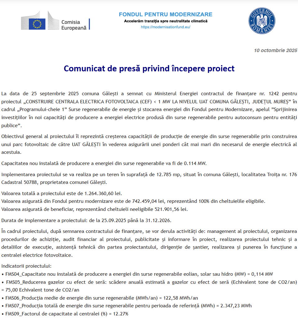 Comunicat de presă privind începerea derulării proiectului „CONSTRUIRE CENTRALA ELECTRICA FOTOVOLTAICA (CEF) < 1 MW  LA NIVELUL UAT COMUNA GĂLEȘTI, JUDEȚUL MUREȘ”