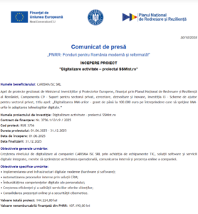 Comunicat de presa incepere proiect PNRR - CARISMA ISC SRL