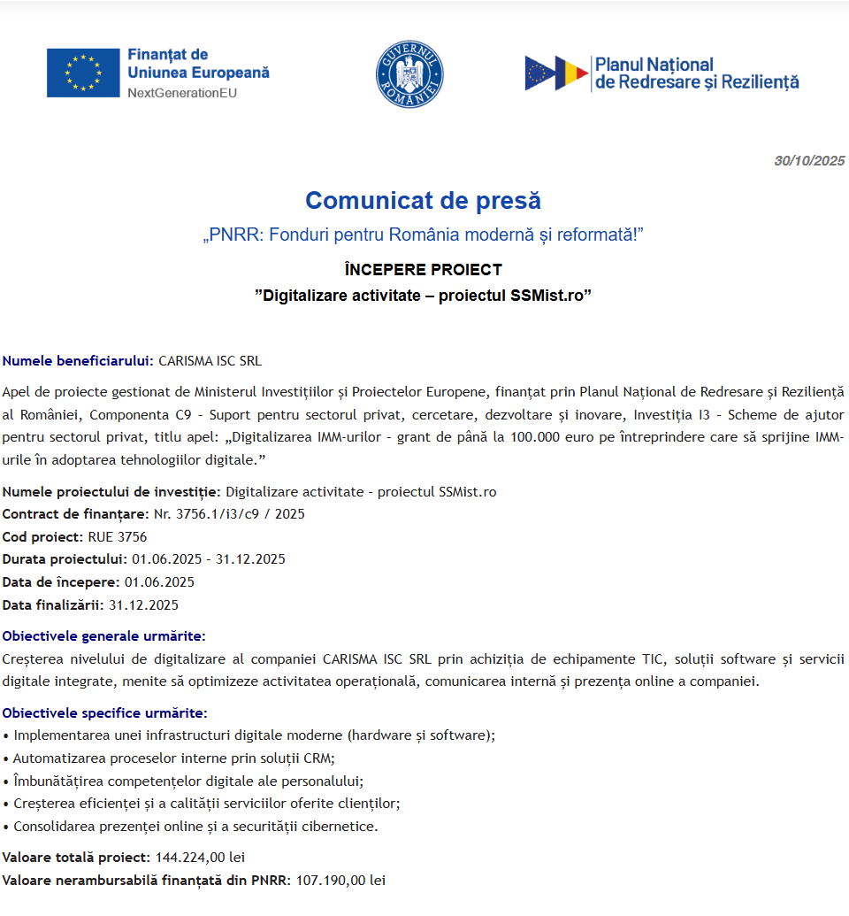 Comunicat de presă privind începerea derulării proiectului “Digitalizare activitate – proiectul SSMist.ro”