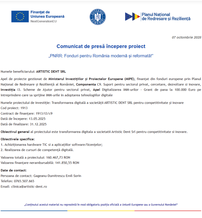 Comunicat de presă privind începerea derulării proiectului “Transformarea digitală a societății ARTISTIC DENT SRL pentru competitivitate și inovare”