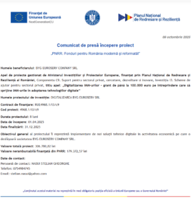Comunicat de presa incepere proiect fonduri PNRR - BYG EUROSERV COMPANY SRL