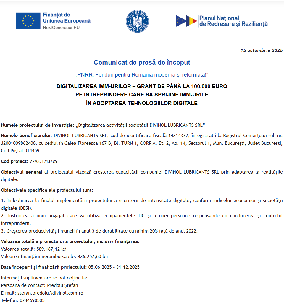 Comunicat de presă privind începerea derulării proiectului “Digitalizarea activității societății DIVINOL LUBRICANTS SRL”