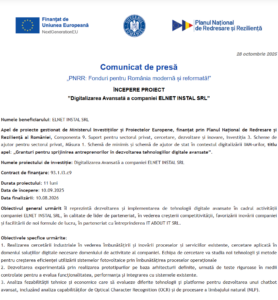 Comunicat de presa incepere proiect fonduri PNRR - ELNET INSTAL SRL