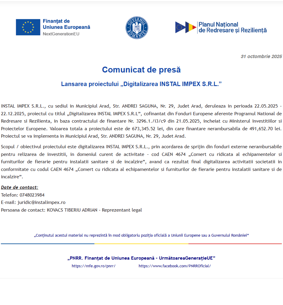 Comunicat de presă privind începerea derulării proiectului “Digitalizarea INSTAL IMPEX S.R.L.”