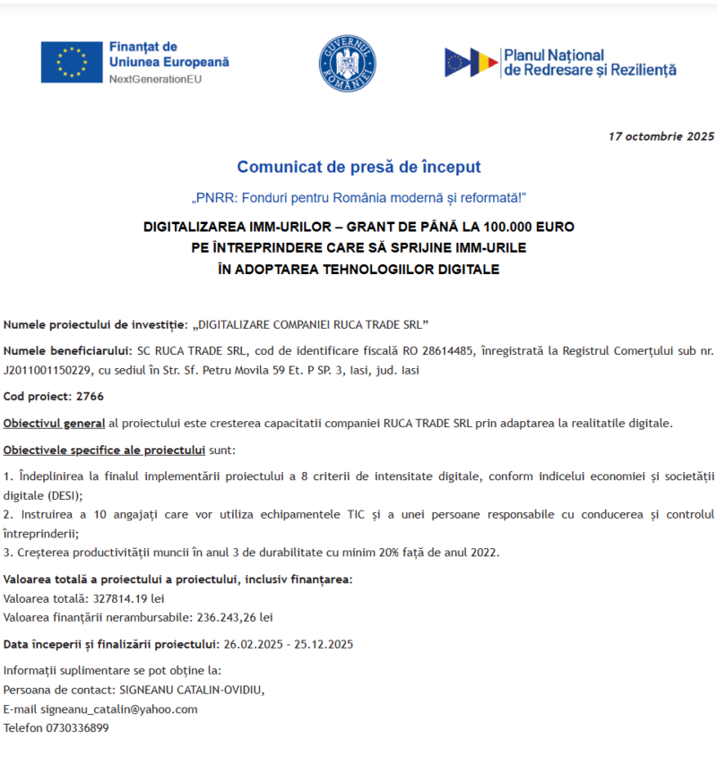Comunicat de presă privind începerea derulării proiectului “DIGITALIZARE COMPANIEI RUCA TRADE SRL”