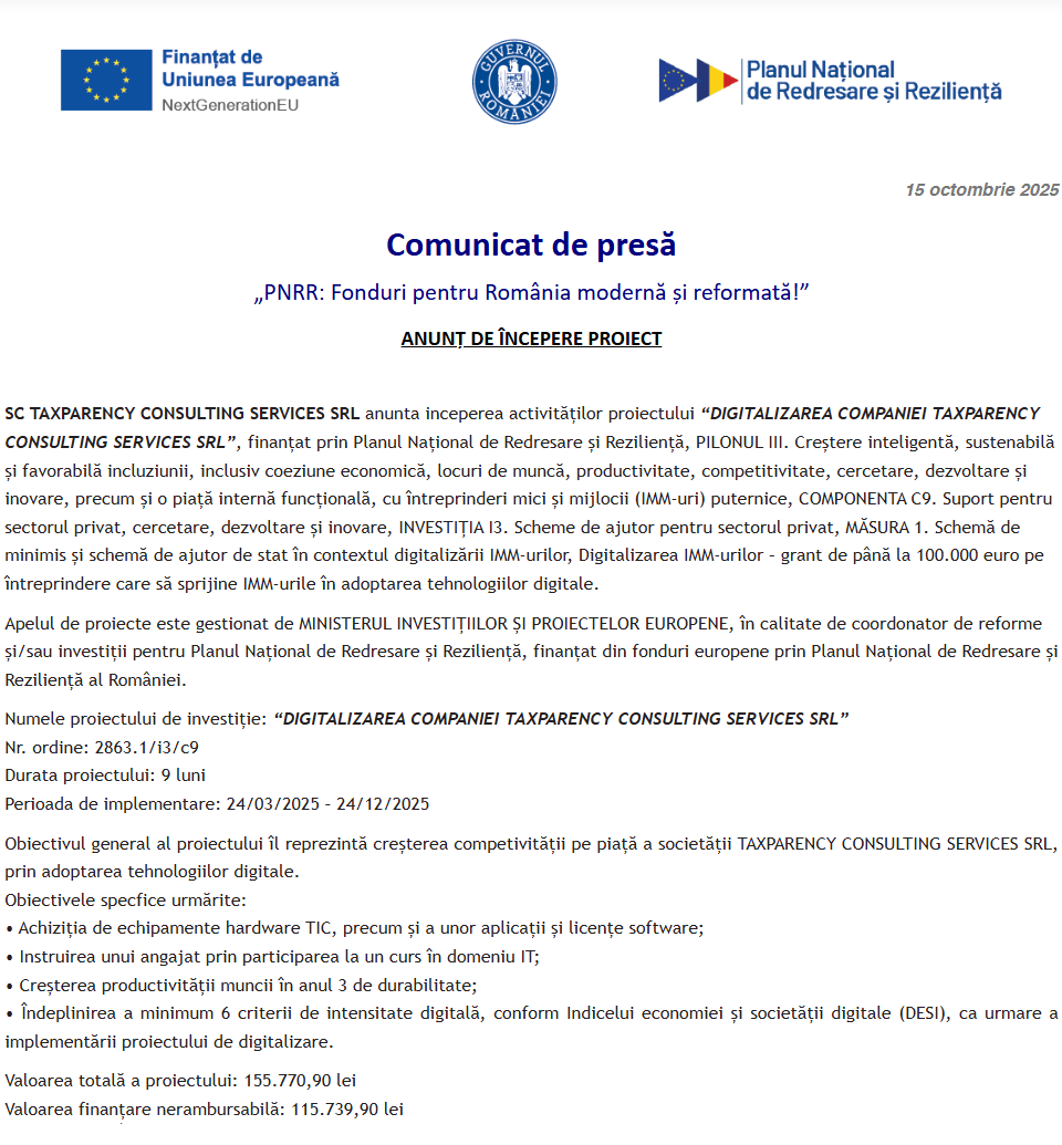Comunicat de presă privind începerea derulării proiectului „DIGITALIZAREA COMPANIEI TAXPARENCY CONSULTING SERVICES SRL”