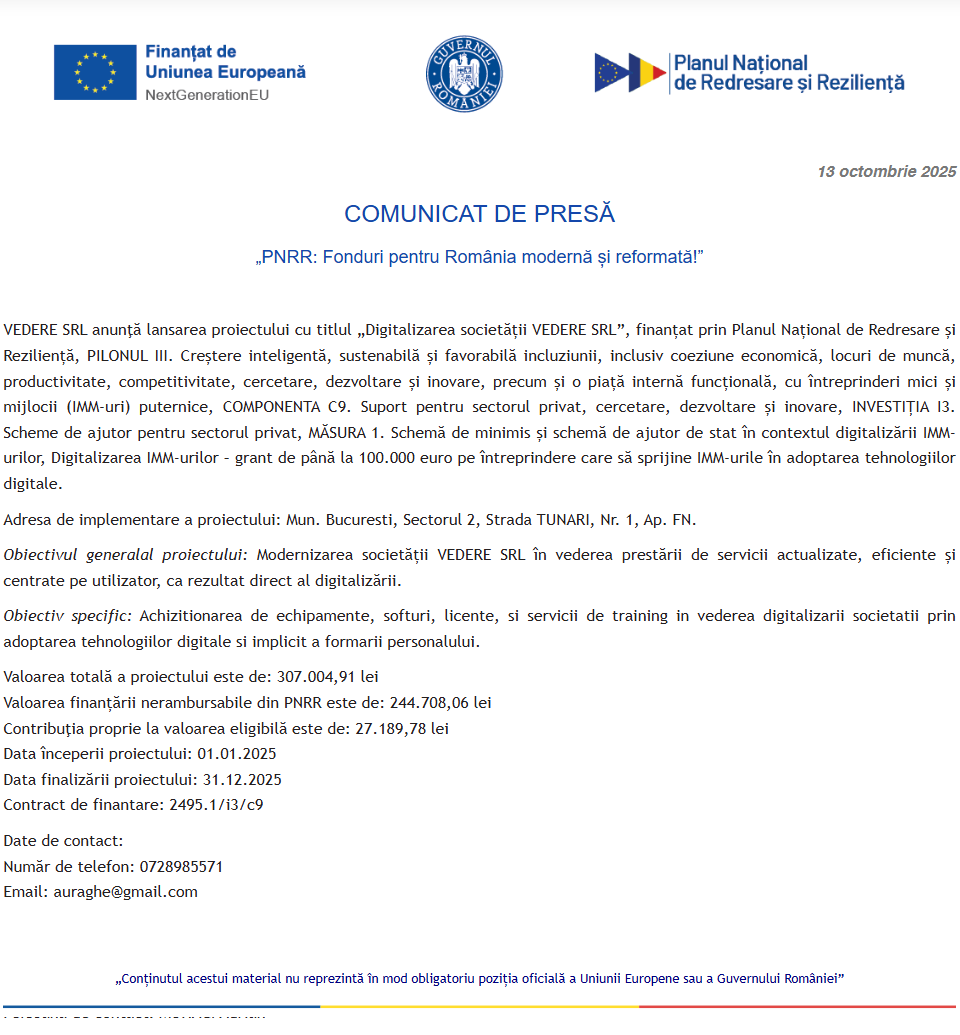 Comunicat de presă privind începerea derulării proiectului „DIGITALIZARE IMM – OPTIMIZARE PROCES DE LUCRU PRIN INTEGRAREA TEHNOLOGIEI”