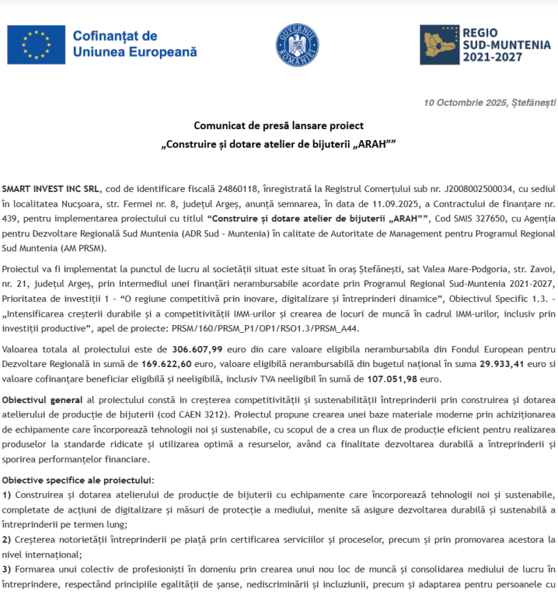 Comunicat de presă privind începerea derulării proiectului „Construire și dotare atelier de bijuterii „ARAH””