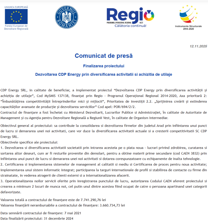 Comunicat de presă privind finalizarea derulării proiectului “Dezvoltarea CDP Energy prin diversificarea activitatii si achizitia de utilaje”
