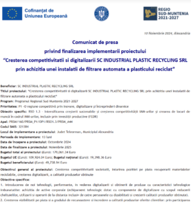 Comunicat de presa finalizare proiect INDUSTRIAL PLASTIC RECYCLING SRL
