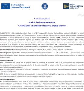 Comunicat de presa finalizare proiect SIMLEX TESTING SRL