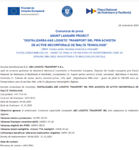 Comunicat de presa finalizare proiect fonduri PNRR - A&S LOGISTIC TRANSPORT SRL