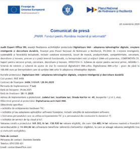 Comunicat de presa finalizare proiect fonduri PNRR - Audit Expert Office SRL