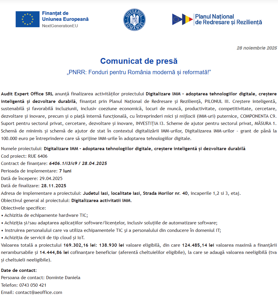 Comunicat de presă privind finalizarea derulării proiectului “Digitalizare IMM – adoptarea tehnologiilor digitale, creștere inteligentă și dezvoltare durabilă”