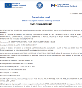 Comunicat de presa finalizare proiect fonduri PNRR - EXPERT ACCOUNTING BUSINESS