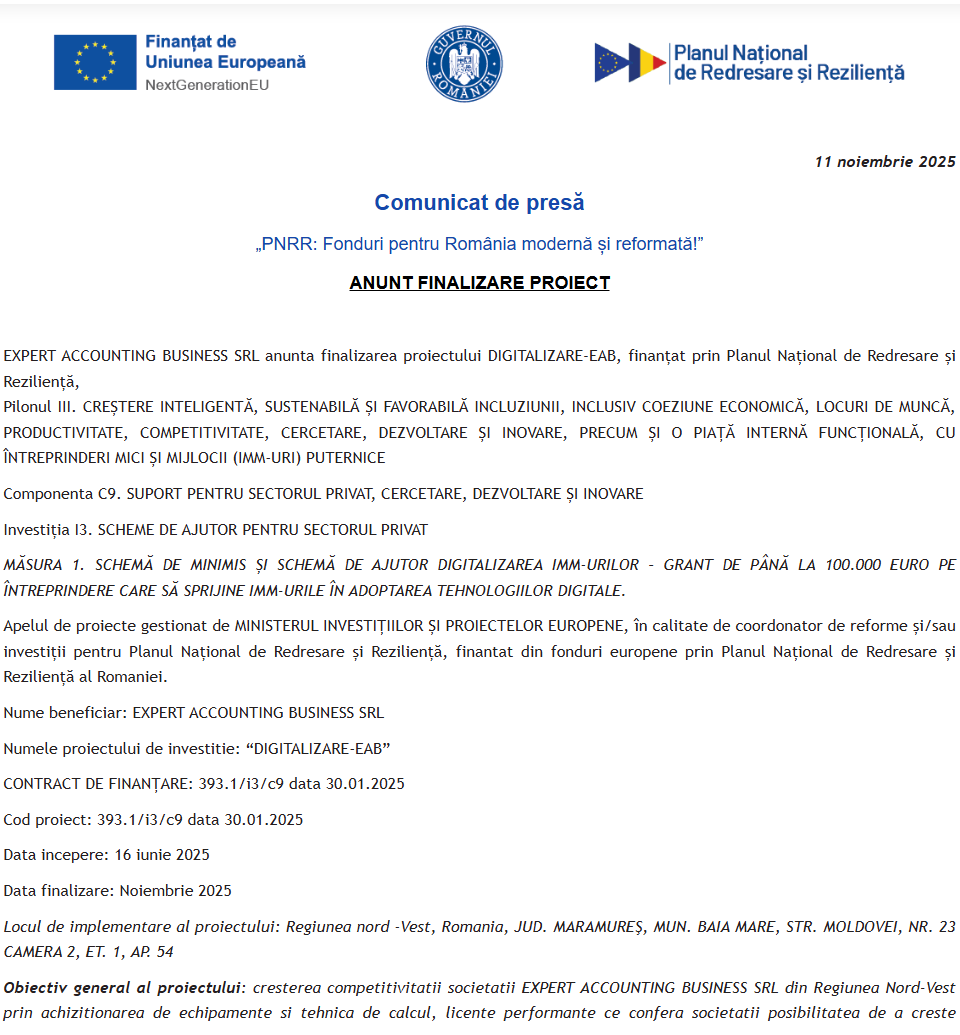 Comunicat de presă privind finalizarea derulării proiectului „DIGITALIZARE-EAB”