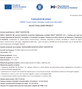Comunicat de presa finalizare proiect fonduri PNRR - IMPACT SANATATE SRL