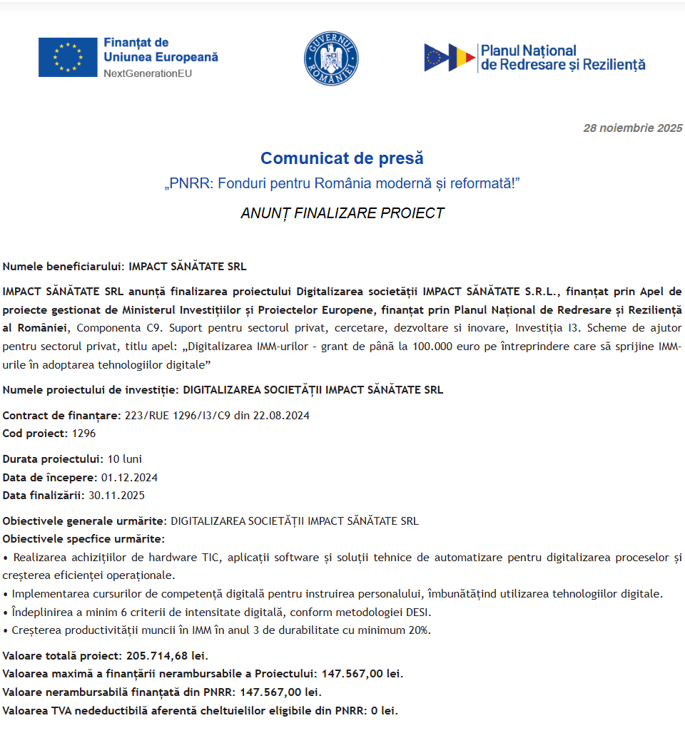Comunicat de presă privind finalizarea derulării proiectului „DIGITALIZAREA SOCIETĂȚII IMPACT SĂNĂTATE SRL”